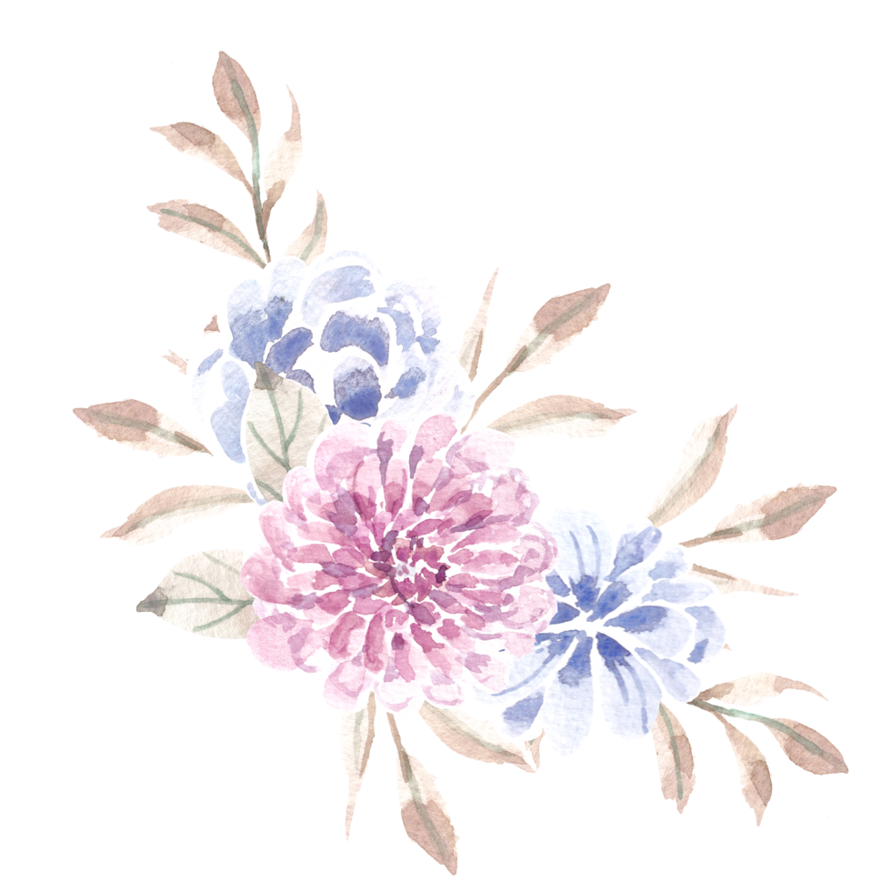 dahlia en blauw waterverf bloem arrangement png