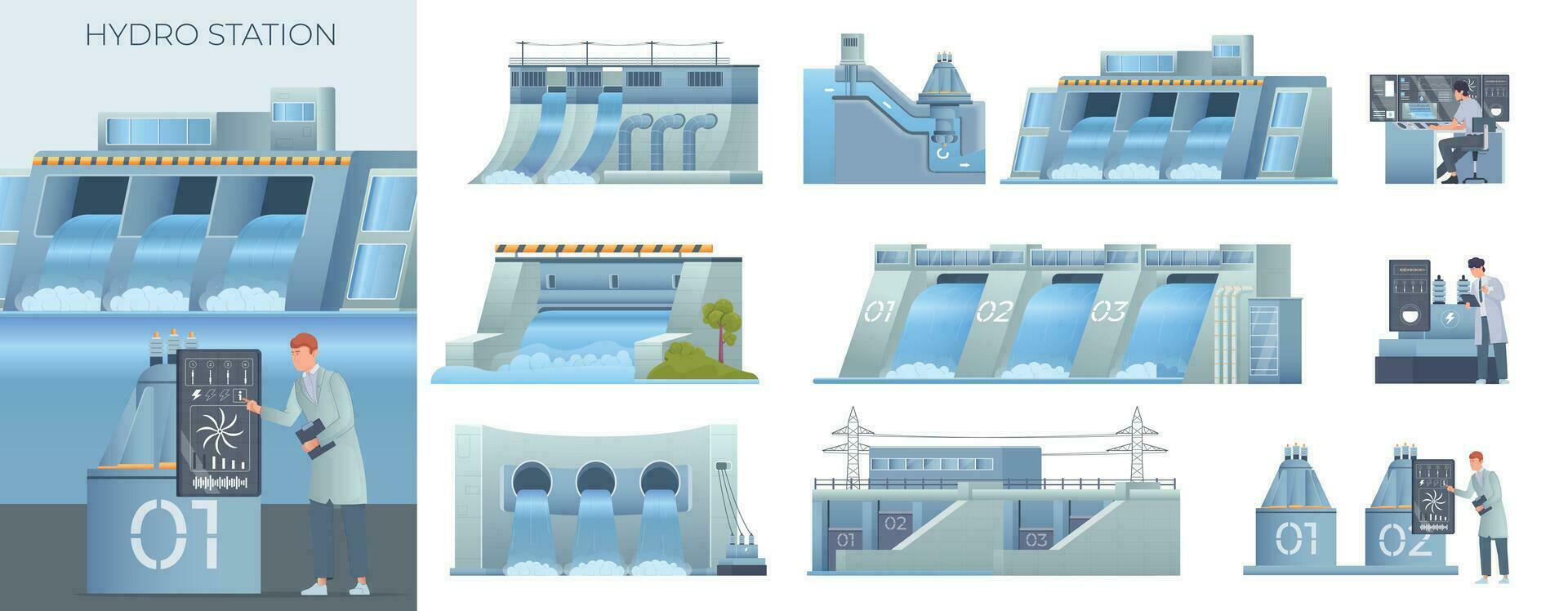 Hydro Station Flat Composition Set vector