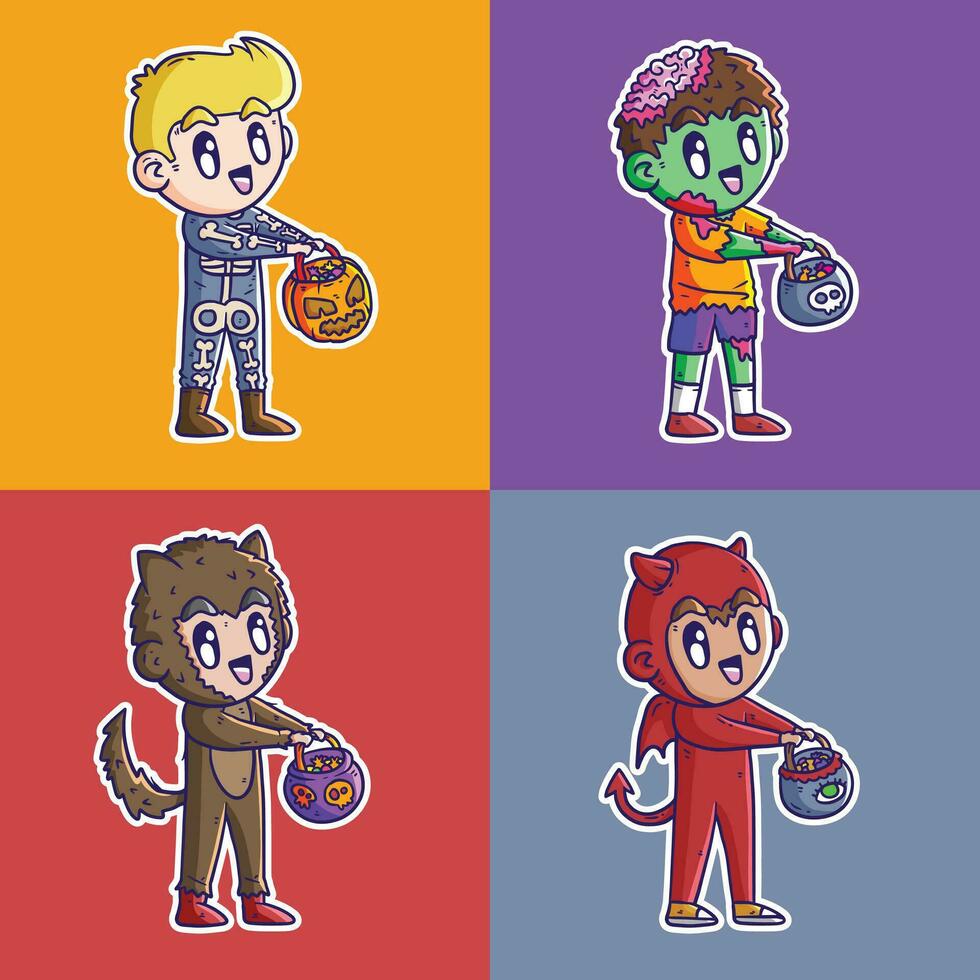 Set of Cute Children Vector Illustration in Halloween fancy Costume to go Trick or Treating. Happy Halloween.