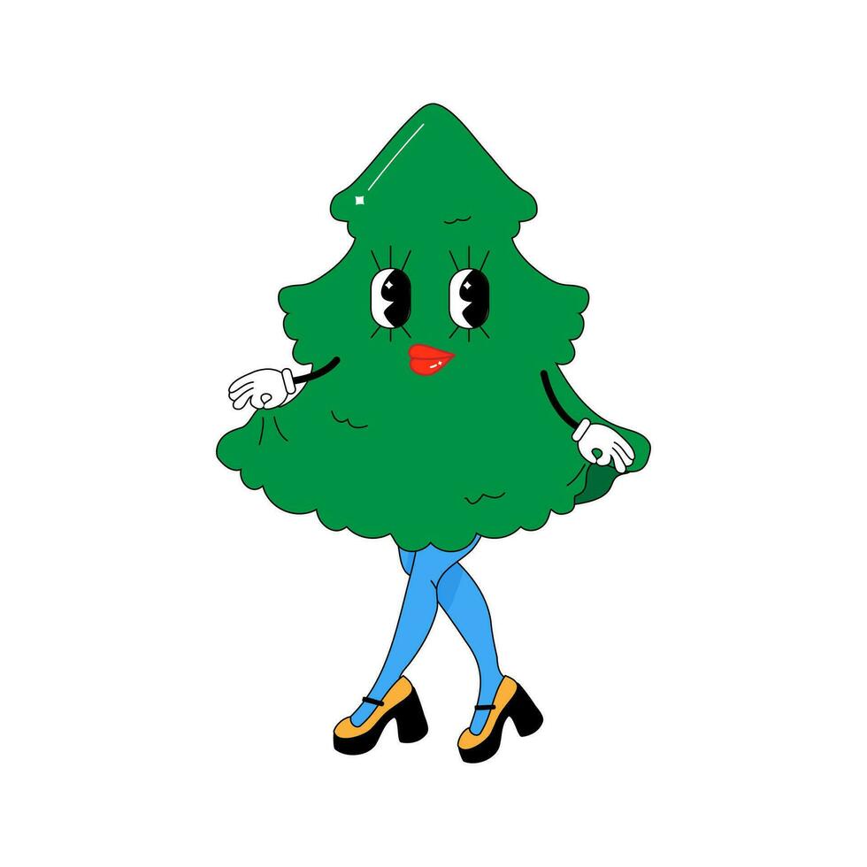 Psychedelic groovy Christmas tree, with 80s female legs, character . vector