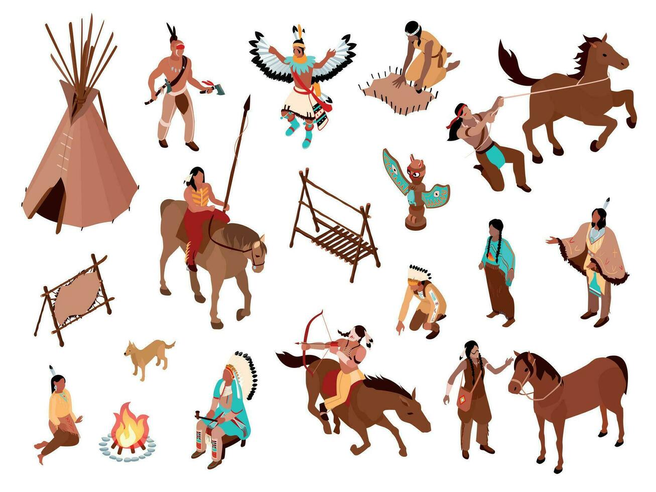 Isometric American Indians Icons vector
