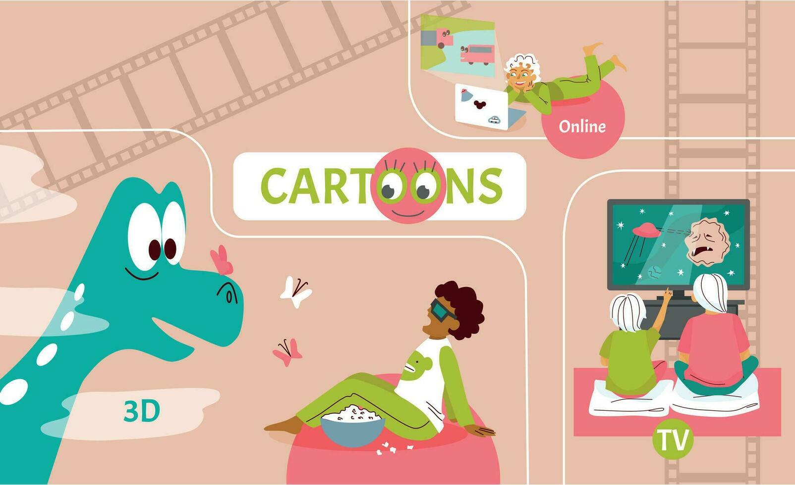 Watching Cartoons Collage vector