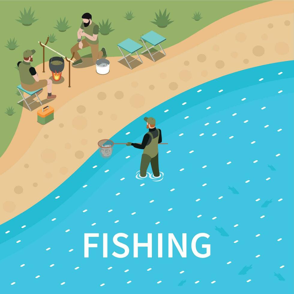 Fishing Fisherman Isometric Composition vector