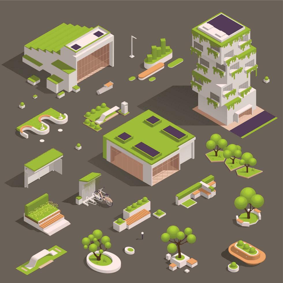 urbano ciudad verde espacios eco diseño isométrica icono conjunto vector