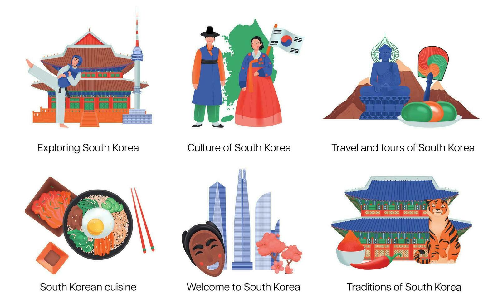 South Korea Colored Icon Set vector