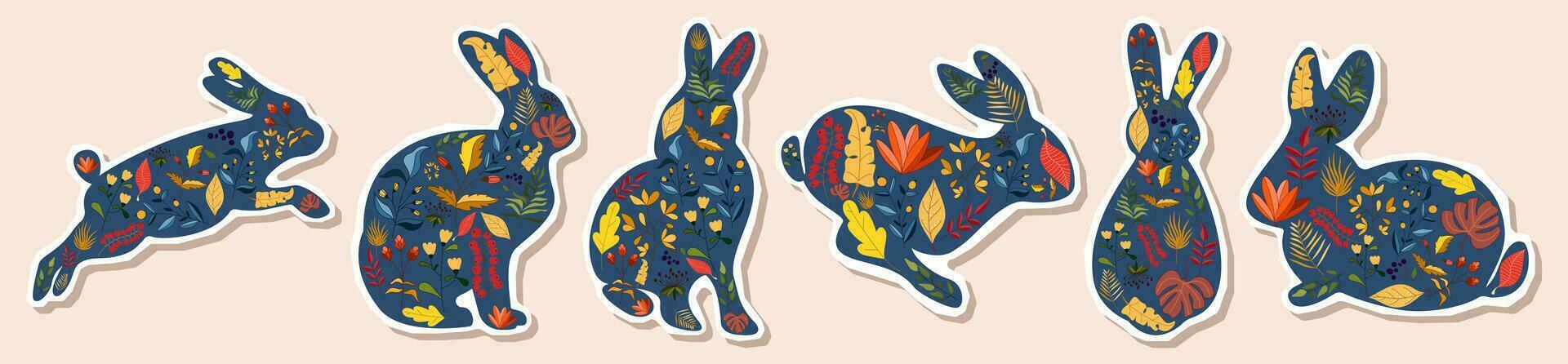 Rabbits sticker design set with beautiful blossom flowers for Spring, Easter. Autumn Festival or Chinese New Year 2023, year of the Rabbit zodiac sign. Vector illustration.