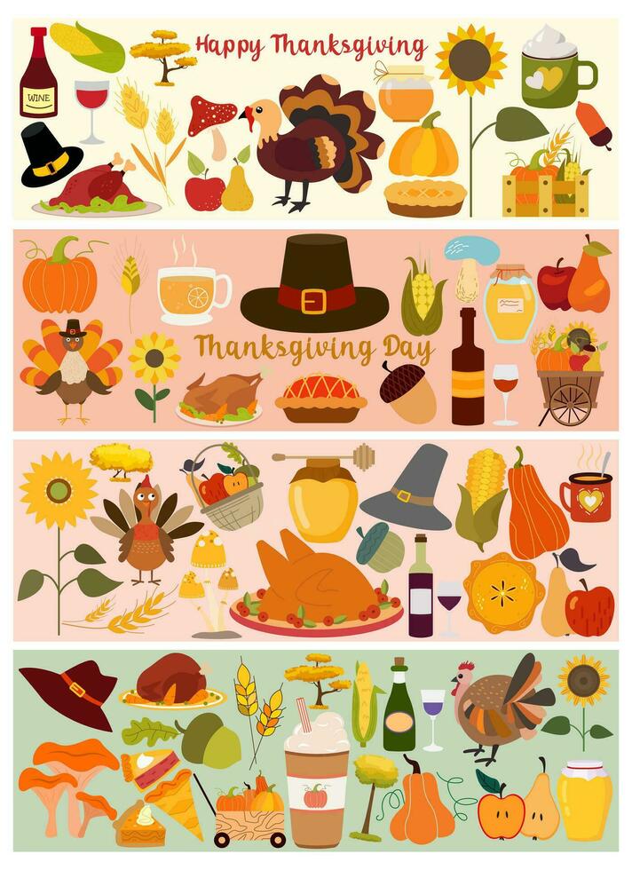 Big set of Thanksgiving day or autumn leaves, mushrooms, berries for harvest festival Vector illustration for your design. Happy Thanksgiving.