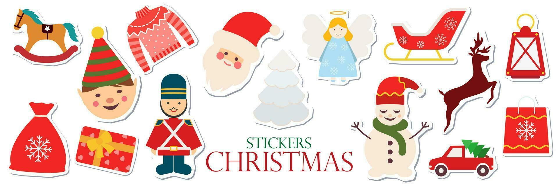 Christmas stickers large set. Vintage christmas and Happy New Year elements. Vector illustration. Isolated on brown background.
