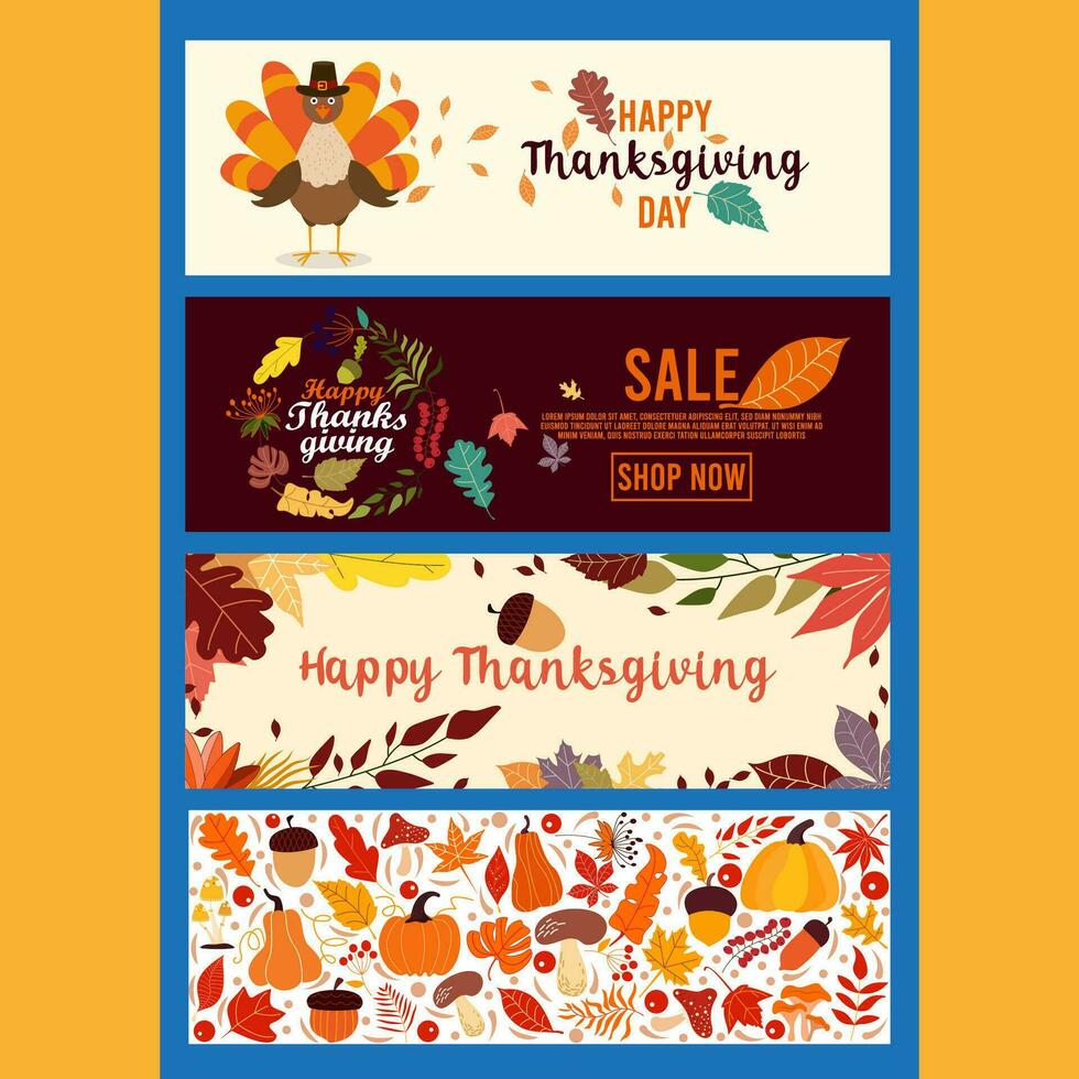 Vector Thanksgiving day greeting card, flyer, banner, poster templates set. Pumpkin pie, turkey. Happy Thanksgiving day sale vector collection.