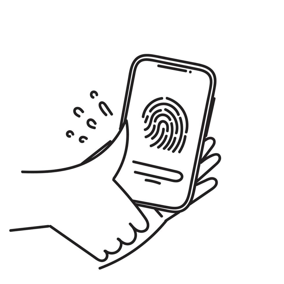 hand drawn doodle phone with thumb fingerprint technology illustration vector