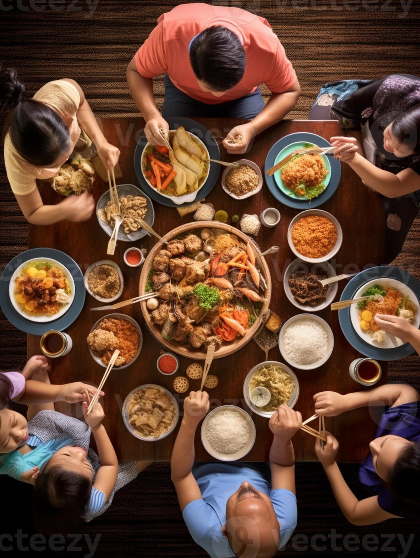 Family dining together Top view of happy family of five people