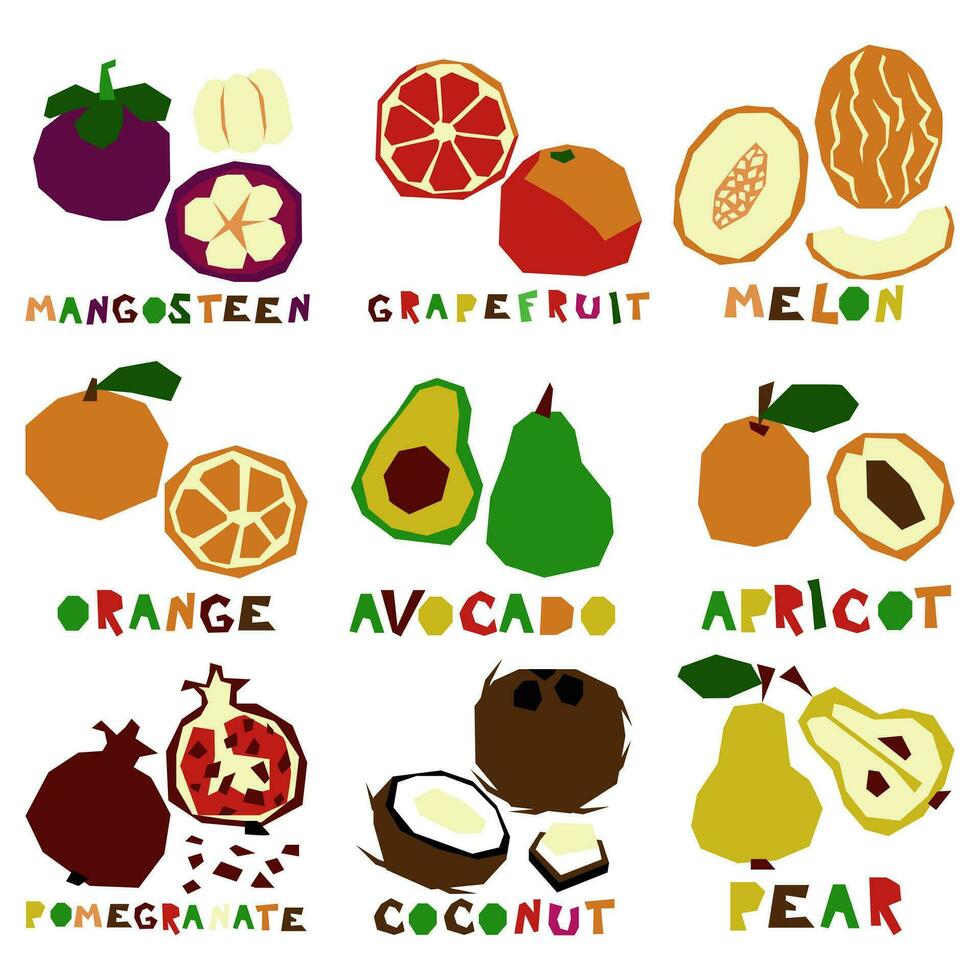 A set of stylized geometric fruits in whole and in section with the name. Natural organic tropical products. Bright printing on grocery products to indicate taste. Vector flat illustration
