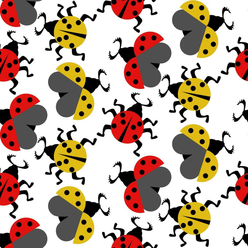 Seamless pattern with yellow and red ladybugs on a white background. Vector flat illustration. Abstract, geometric insect with legs and wings in dots, spreading and flying in different directions