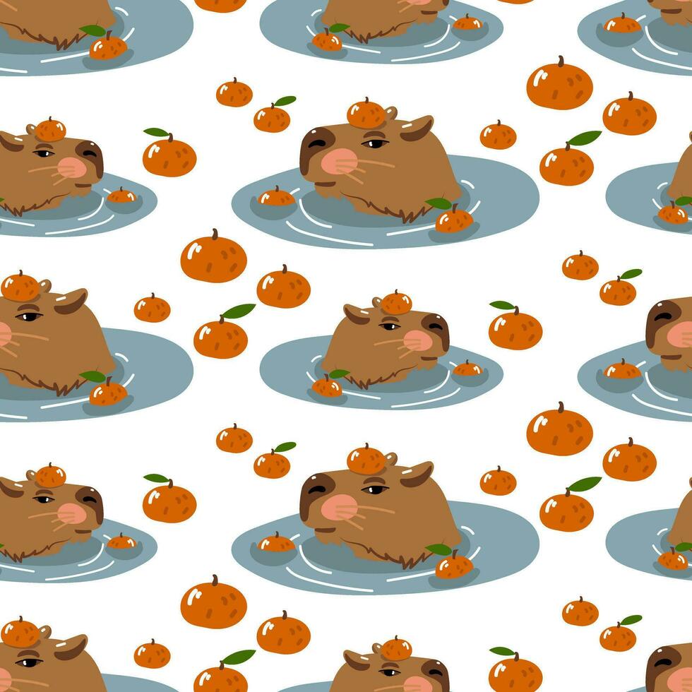 Capybara swims in water with tangerines seamless pattern. The animal is swimming and only the head is visible. Texture of baby fabric, cartoon, cute character on a white background with tangerines vector