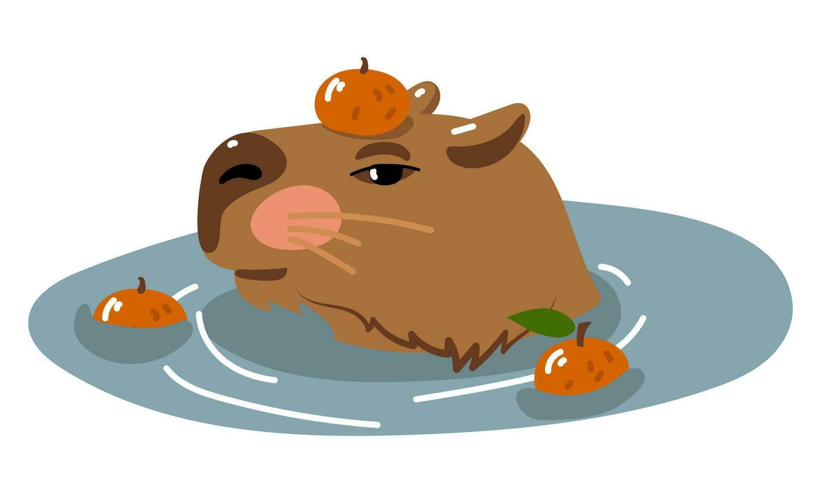 Cute capybara vector design. Capybara in the Japanese hot spring Onsen with tangerines. A capybara floating in the water. Kawaii drawing, funny isolated flat illustration. Water with citrus fruits