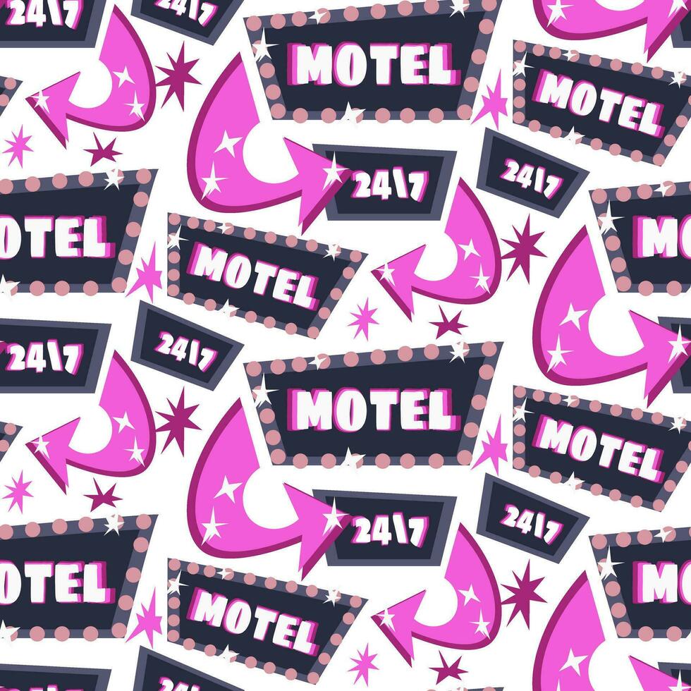 The pattern is a motel sign with an arrow in pink colors. Luminous sign on a white background with glare from light bulbs, Open 24 by 7. Repeating seamless background with directions vector
