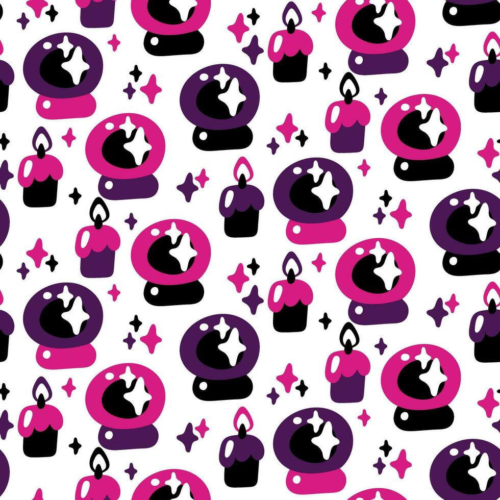 Halloween pattern in pink and purple colors. Glass ball, magic, witch and candles on a white background. Children's illustration for textiles, paper for a party. Vector flat seamless texture