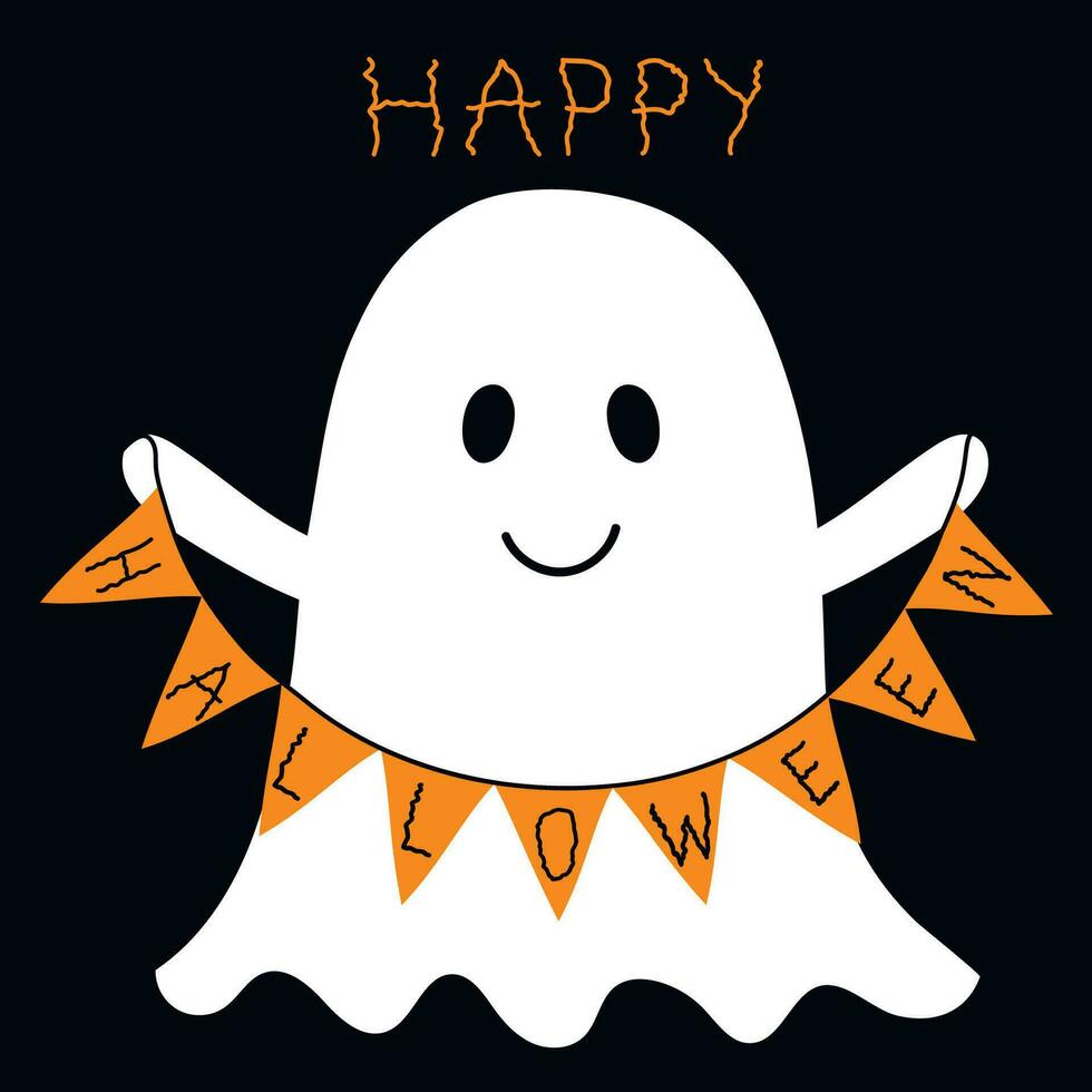 Ghost spirit holding flag Halloween. Happy halloween greeting card. White ghost on black background. Cute cartoon spooky character. vector