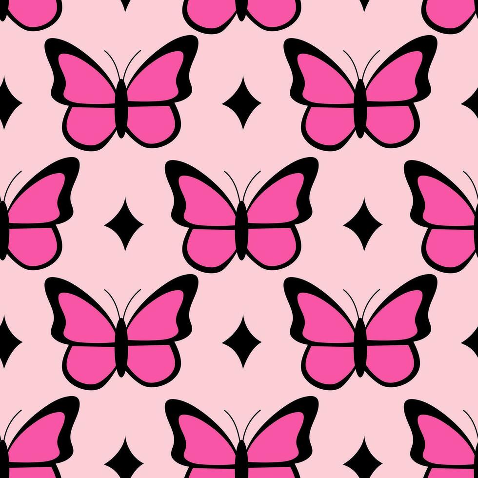 rosado emo sin costura modelo con mariposas y estrellas. y2k. negro y rosado. retro estilo de el años 2000 vector