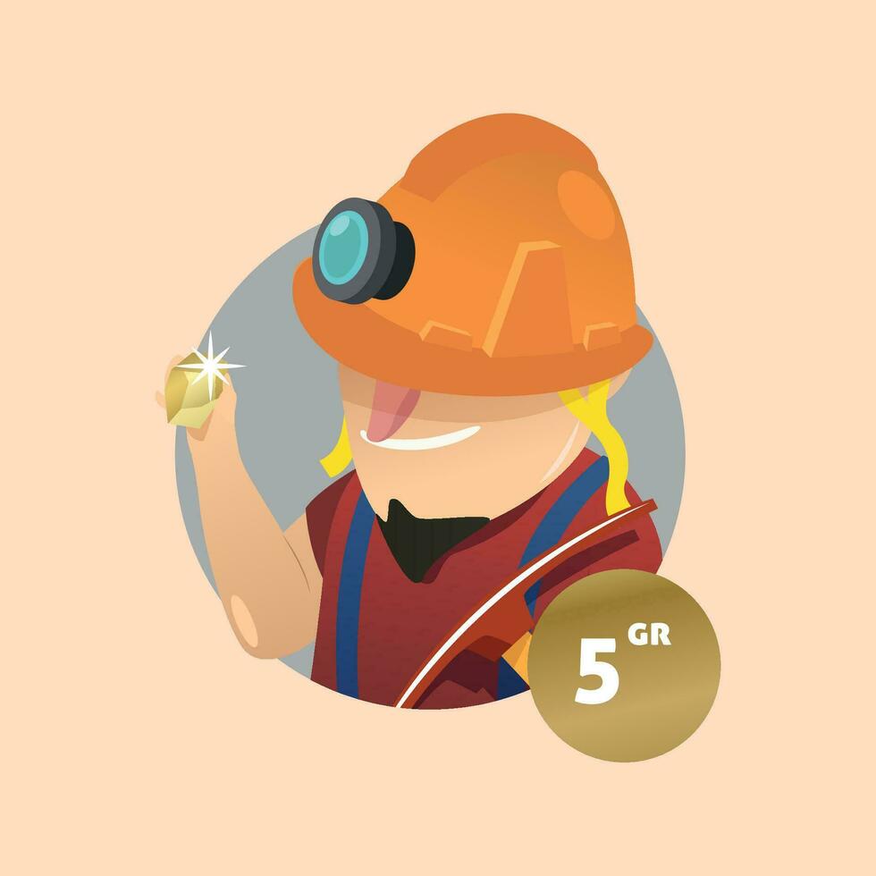 oro minería personaje con 5 5 gramo oro vector