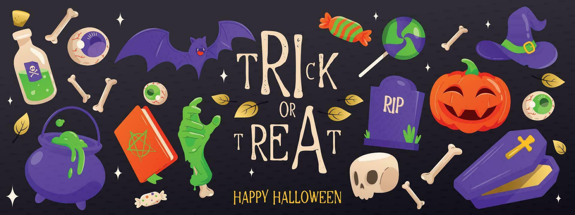 Happy Halloween Illustration with Dark Background, Pumpkin, Bat, Poison, Skull for Trick or Treat vector