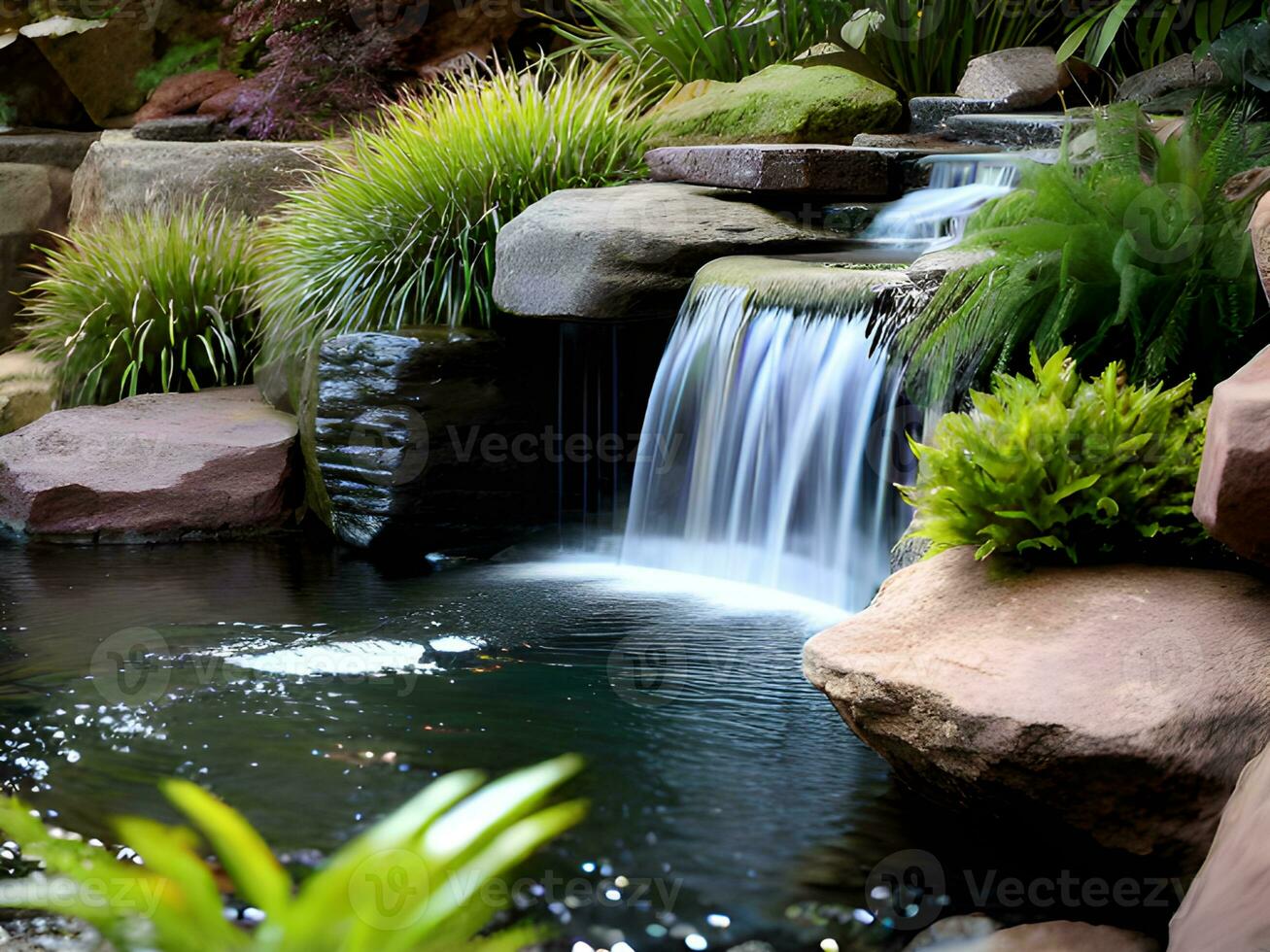 Waterfall long exposure vertical view in country landscape photo