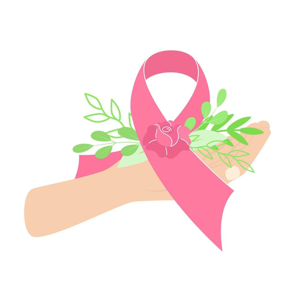 mano sostiene un rosado cinta con un Rosa y hojas, pecho cáncer conciencia símbolo o firmar, aislado en blanco. icono vector ilustración