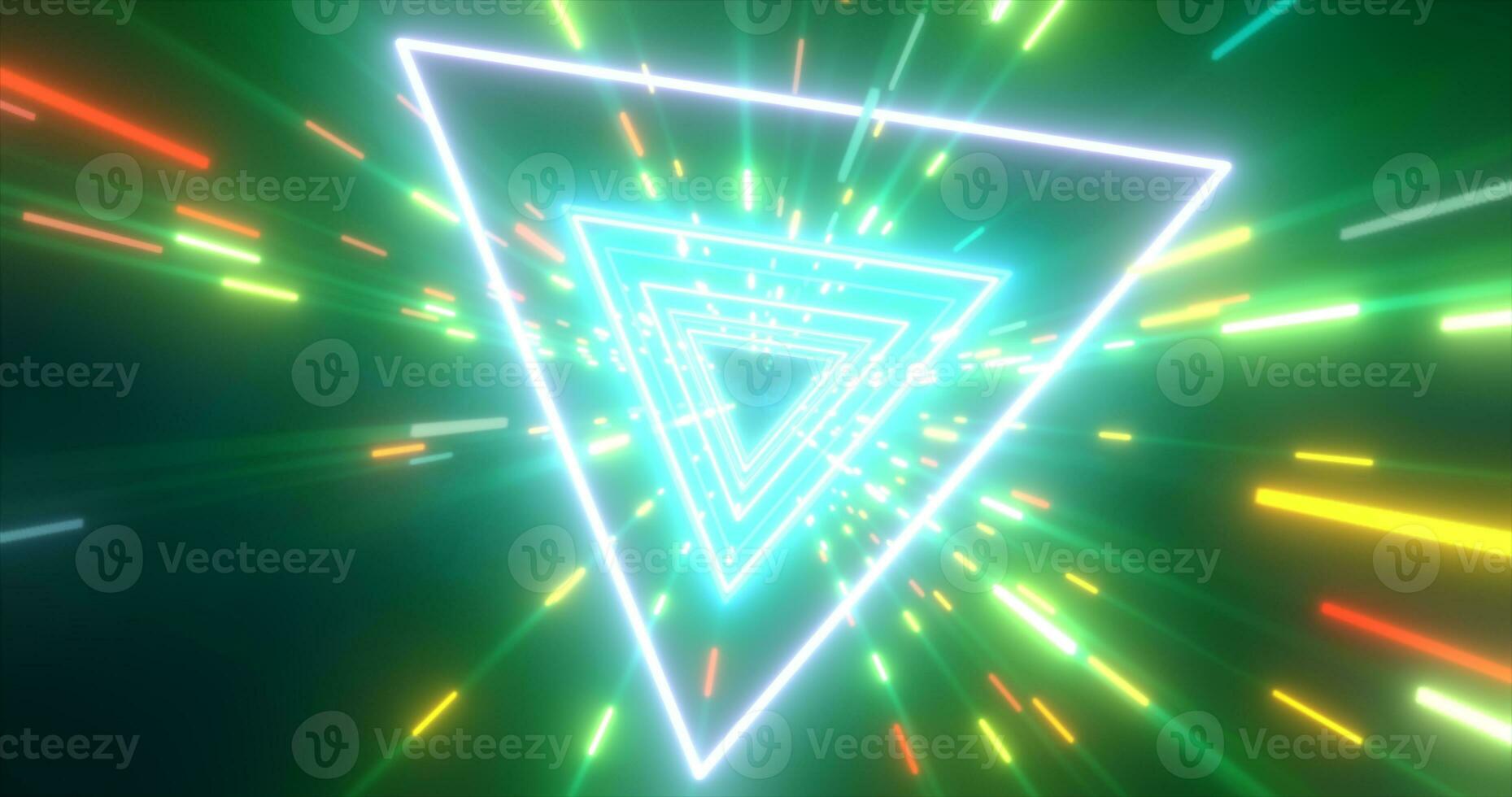 Abstract green energy futuristic hi-tech tunnel of flying triangles and lines neon magic glowing background photo