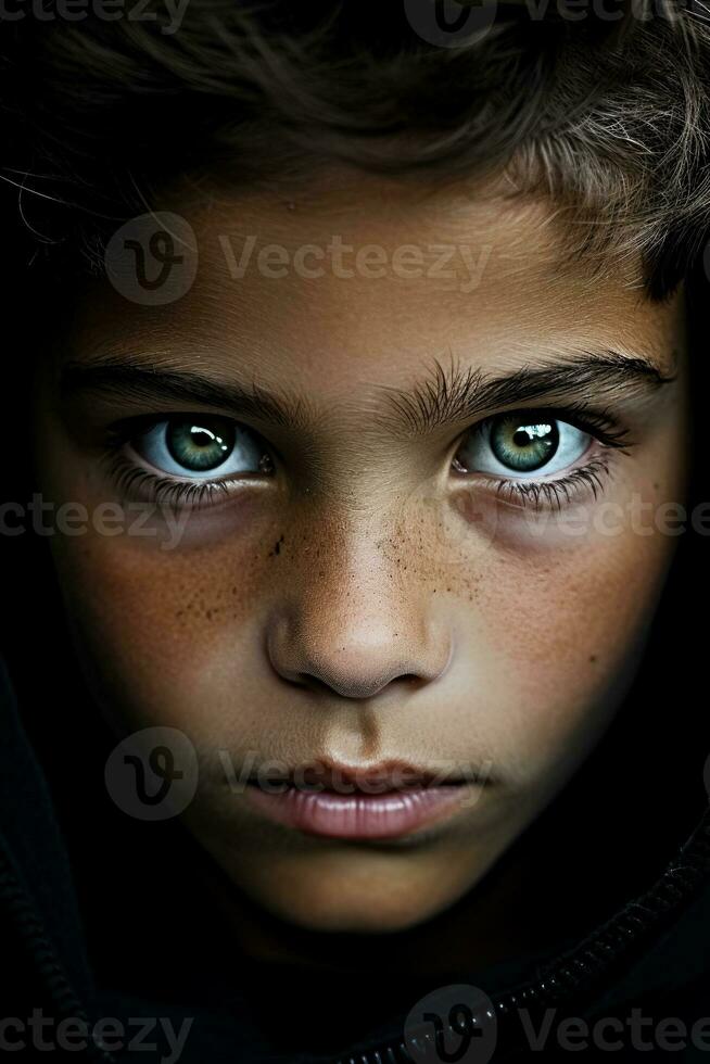 Young eyes gazing forward intense with both hope and apprehension photo