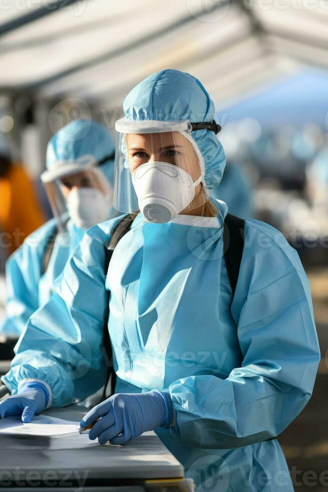 Epidemiologists conducting field research during a pandemic in protective wear photo