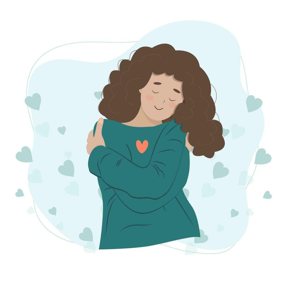 Love yourself concept, woman hugging herself, vector illustration in flat style