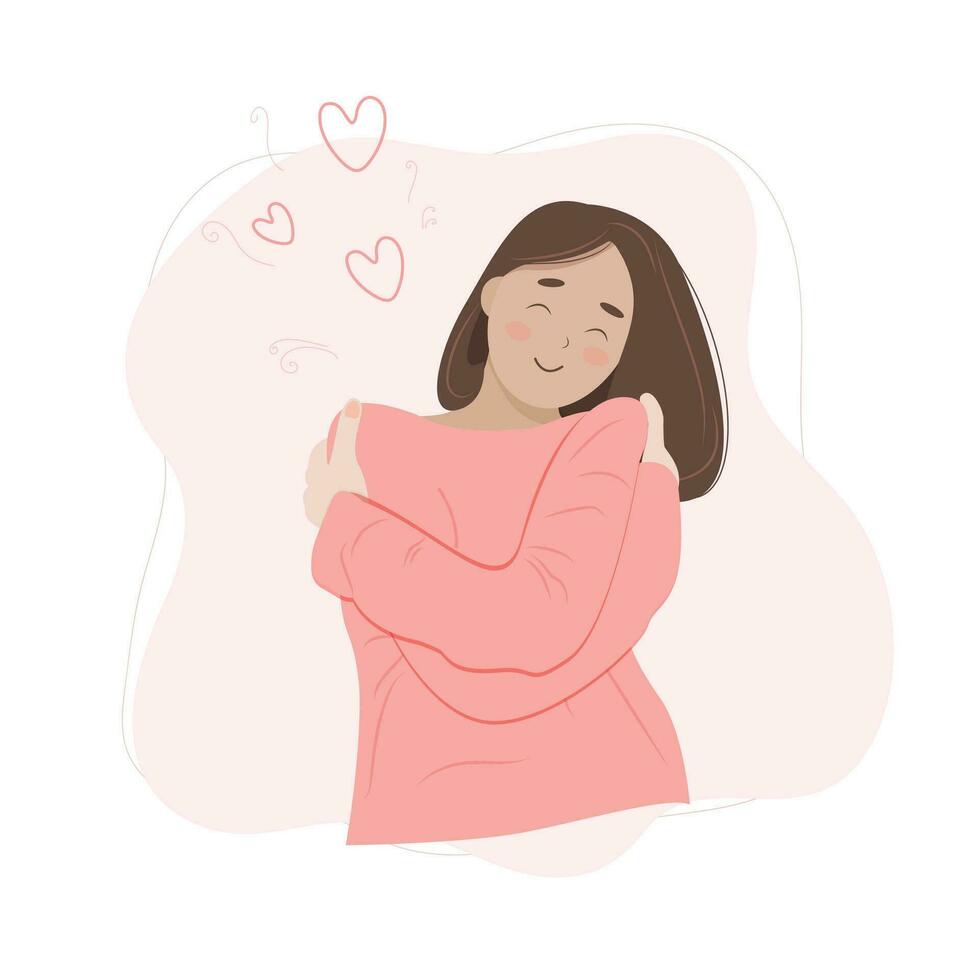 Love yourself concept, woman hugging herself, vector illustration in flat style