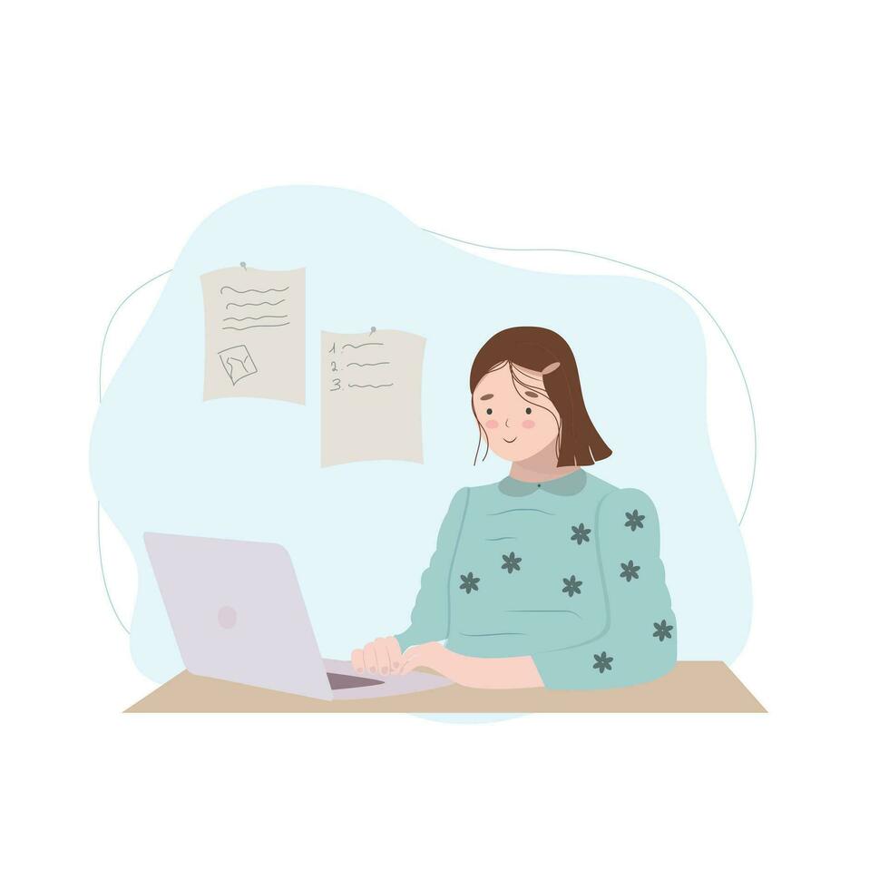 Woman working with computer, home office. Customer service, call center and support. Cute vector illustration in flat style