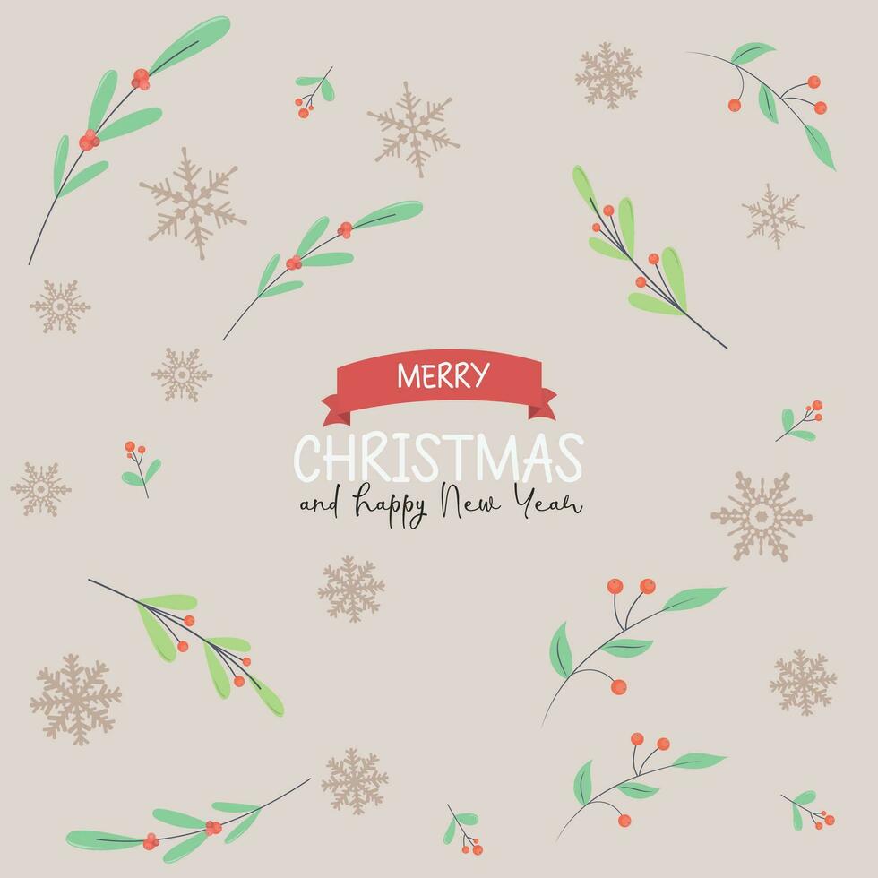 Merry Christmas lettering and pattern with leaves and snowflakes. Cute illustration in vector style.