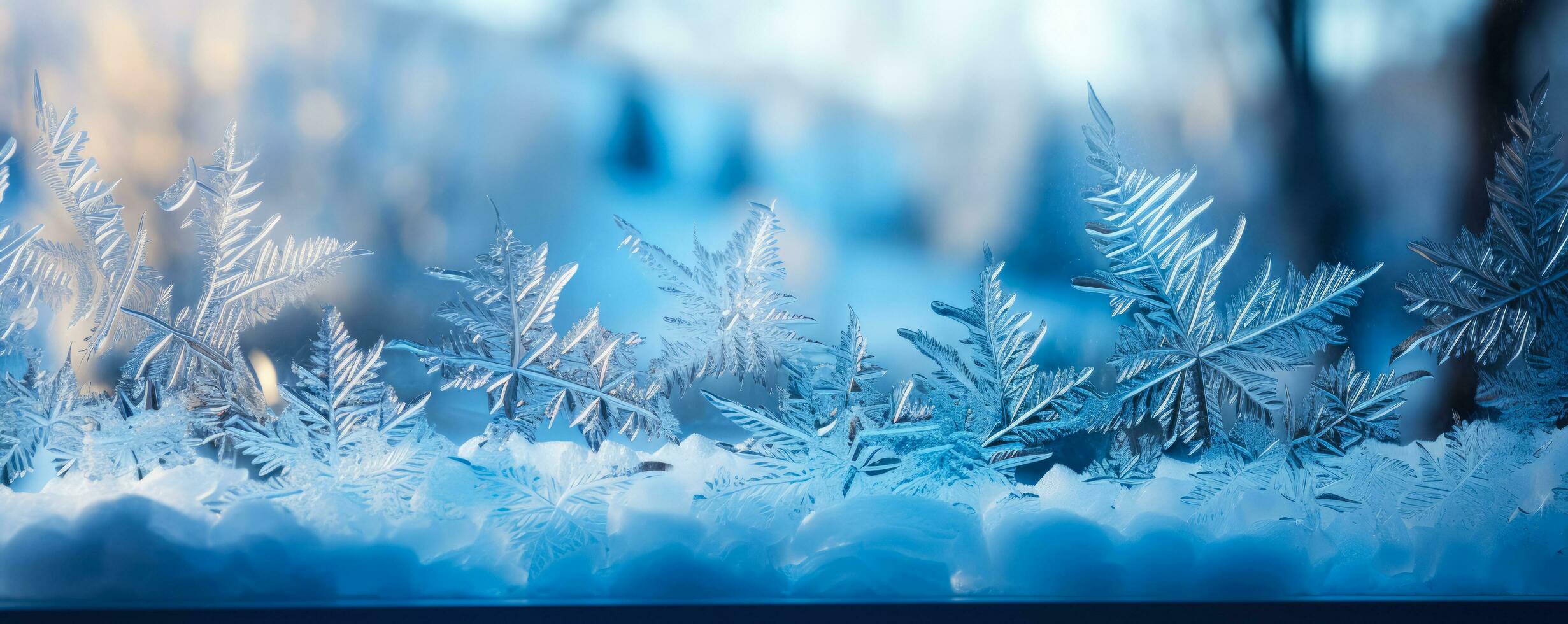 Elaborate frost patterns on winter windowpanes background with empty space for text photo