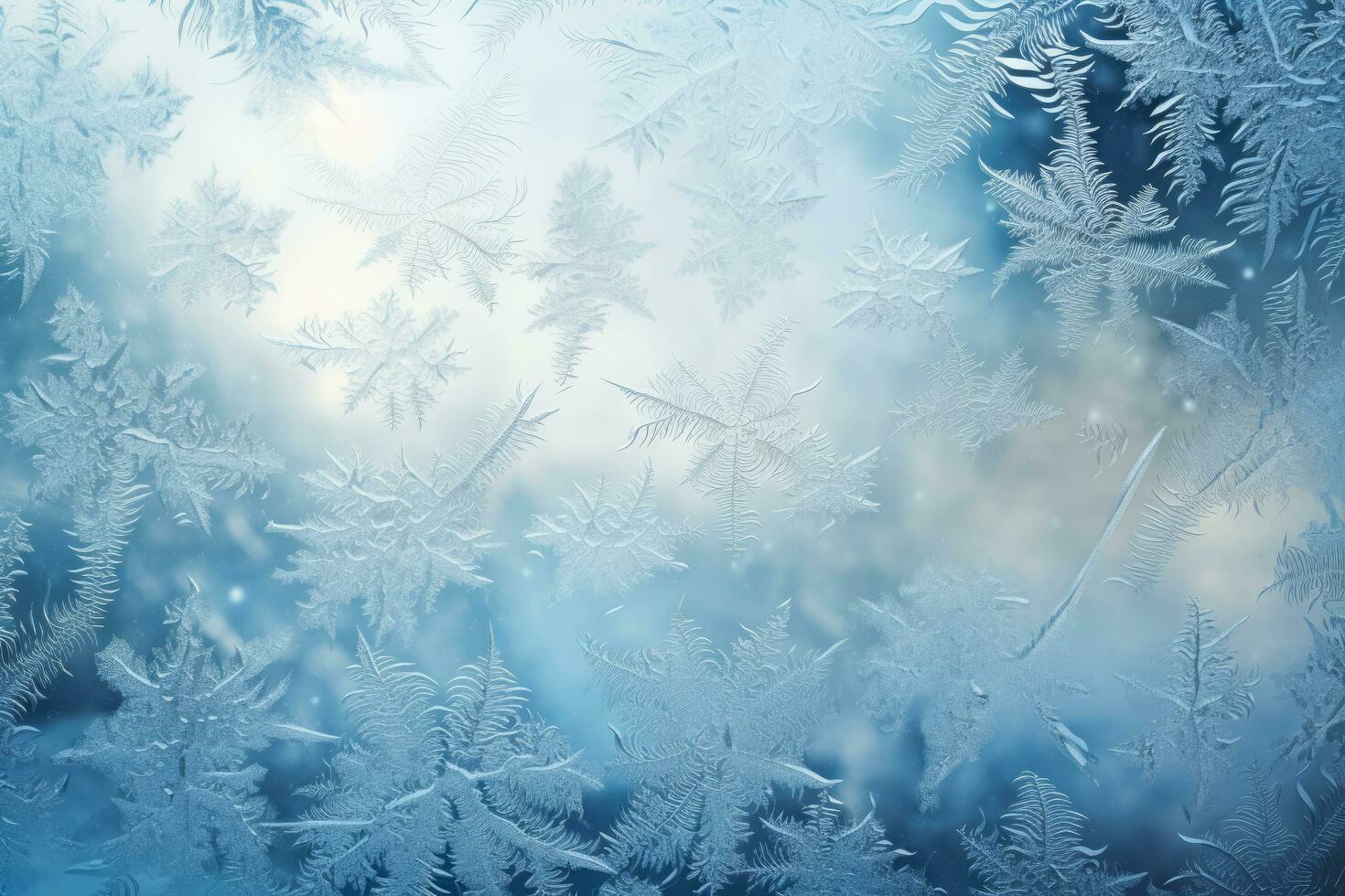 Elaborate frost patterns on winter windowpanes background with empty space for text photo