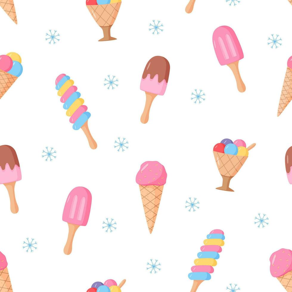 Popsicle ice cream on a stick and in waffle cones. Seamless pattern of summer dessert. Wallpaper background vector illustration.