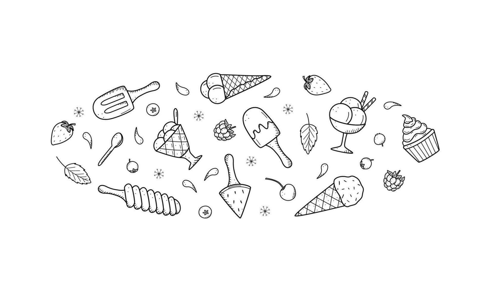 Ice cream and berries set of doodle icons. Vector illustration of summer desserts popsicles, ice cream in waffle cones, strawberry cherry raspberry mint blueberry.