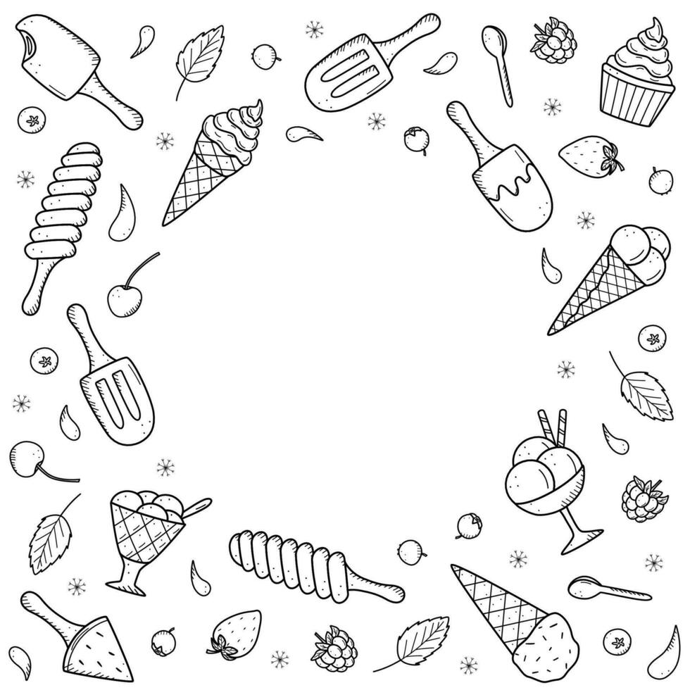 hielo crema y bayas conjunto de garabatear iconos vector ilustración de verano postres Paletas de hielo, hielo crema en gofre conos, fresa Cereza frambuesa menta arándano.