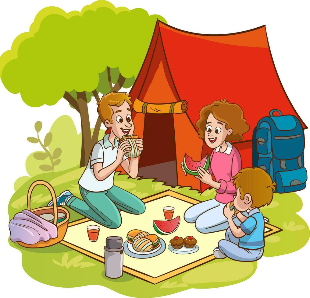 Vector illustration of family picnic and camping and fishing
