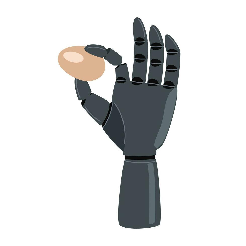 Prosthetic hand holding an egg. Concept mechanism, medicine, disability, equipment. Vector Illustration on white background.