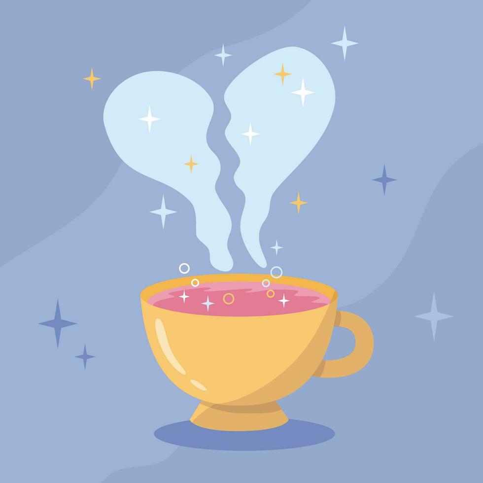 Cup with a magical liquid for fortune telling on tea leaves. Steam in the form of a broken heart. Magic witchcraft Halloween attributes in flat cartoon style. Vector illustration