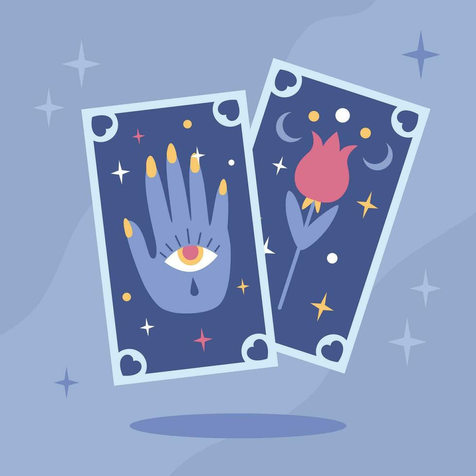Tarot cards with hamsa hand, flower, isoteric eye illustration in flat cartoon style. Magic witchcraft Halloween attributes. Vector illustration
