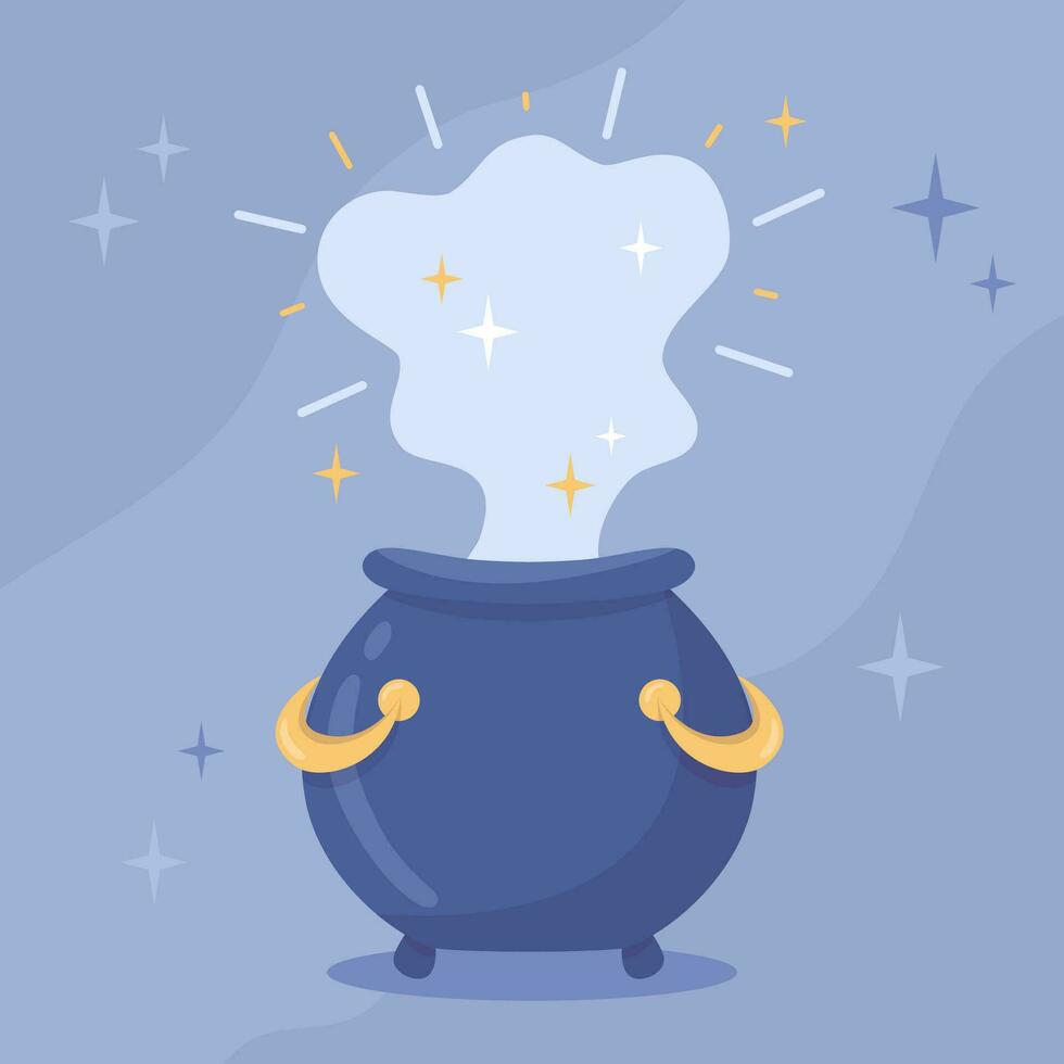 Magic cauldron illustration in flat cartoon style. Witchcraft Halloween which attributes. Vector illustration