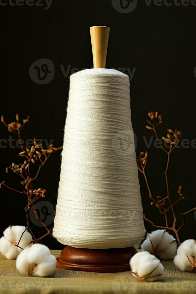 Raw cotton transforming into threads isolated on a gradient factory background photo