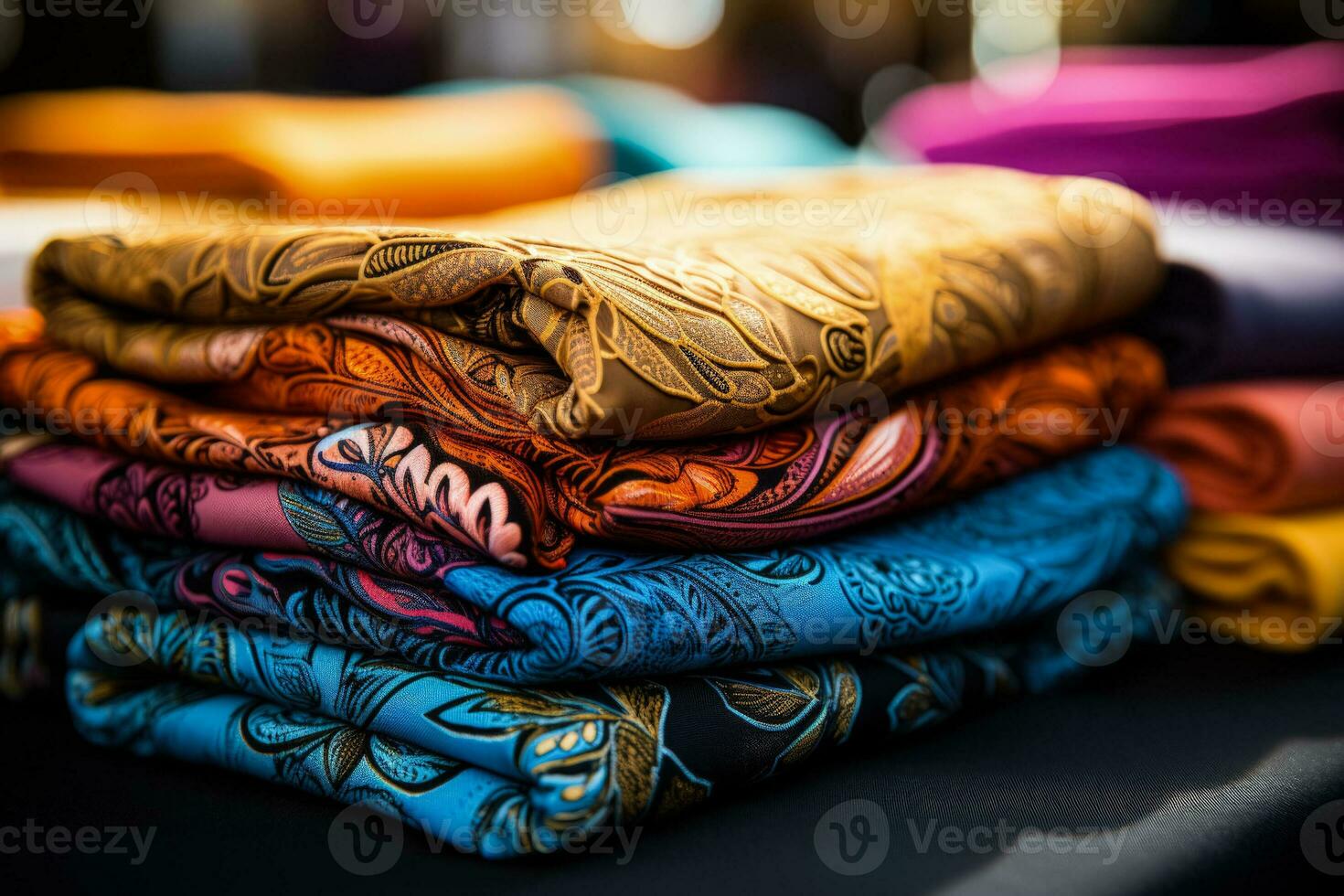 Close up of colorful fabrics showcasing intricate patterns from a textile factory photo