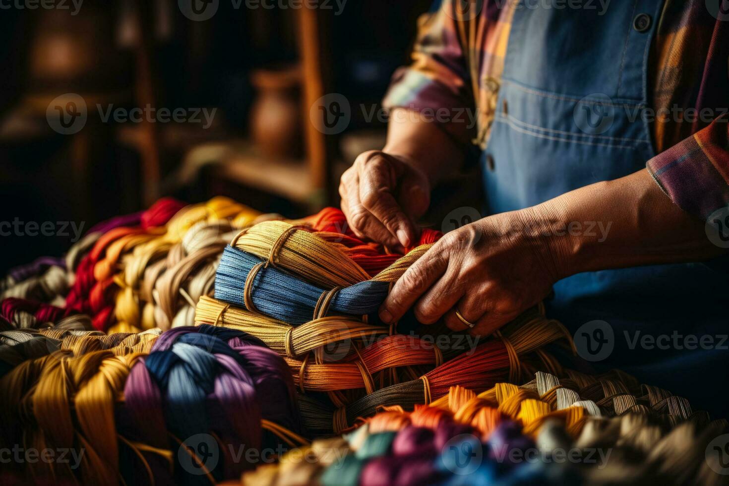 Artisan weaving on traditional handloom isolated on a gradient background, AI generated photo