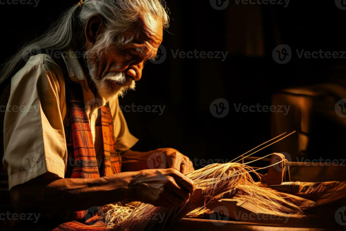 artesano Costura en tradicional telar manual aislado en un degradado antecedentes foto