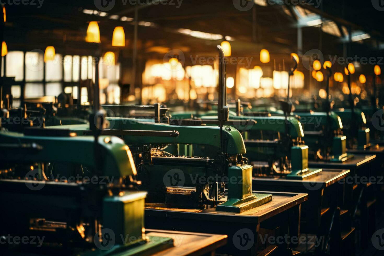 Silhouettes of Industrial loom machines weaving dreams in a fabric factory photo