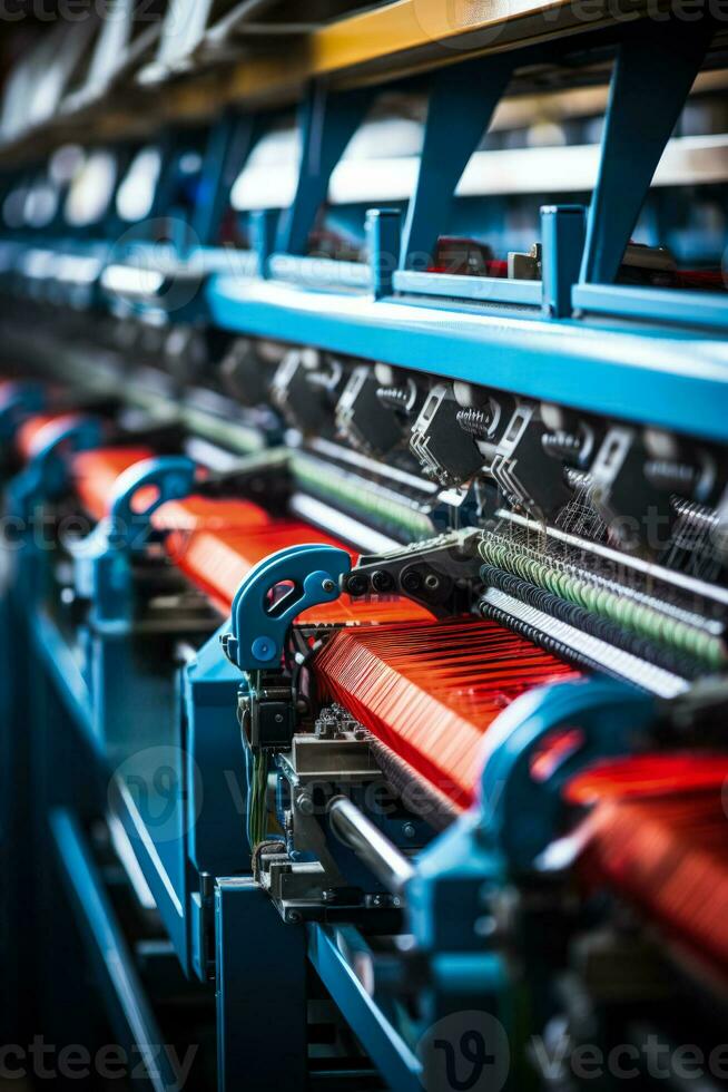 Industrial loom machines in action background with empty space for text photo